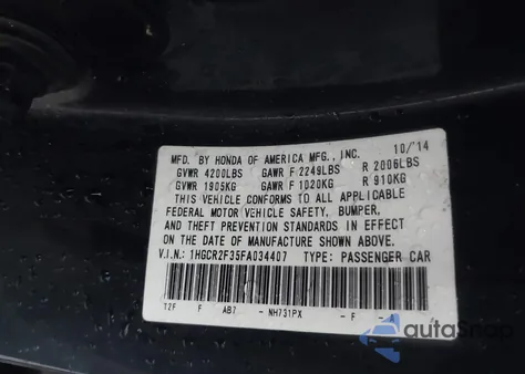 2015 Honda Accord Lx from USA, damaged, VIN 1HGCR2F35FA034407
